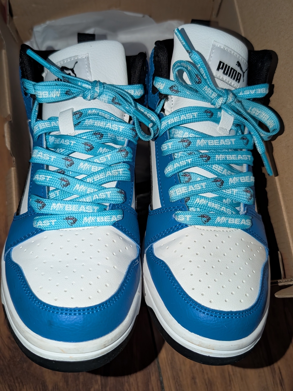 Puma Kids Blue & White High-Top Sneakers with Light Blue Laces